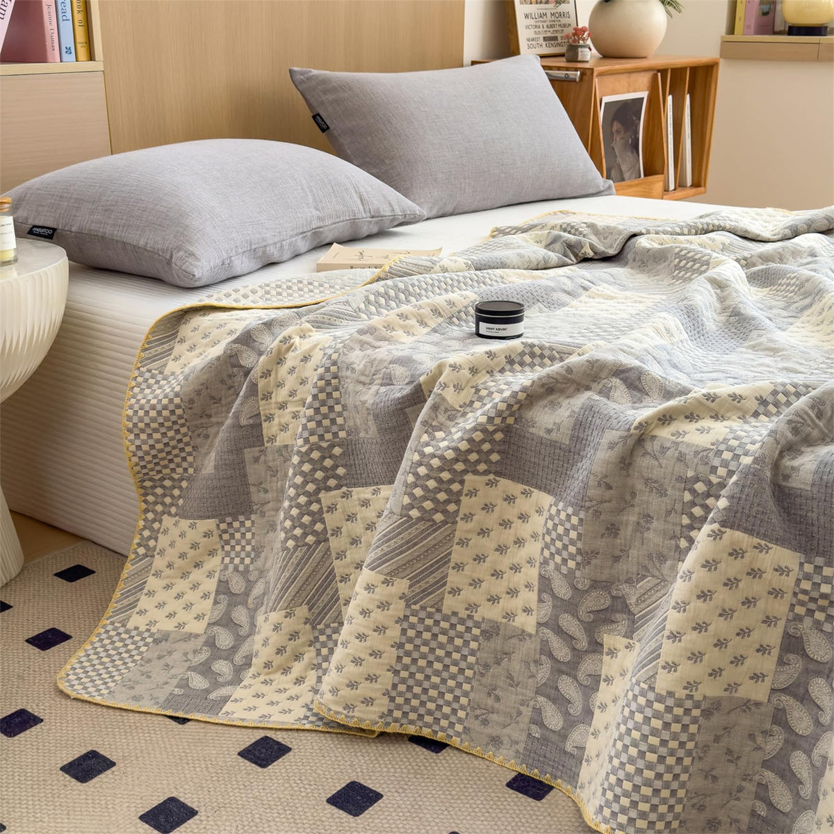 3 Layer Breathable Bed Cover, Vintage Geometric Shabby Chic Bedding (Grey Geometric)