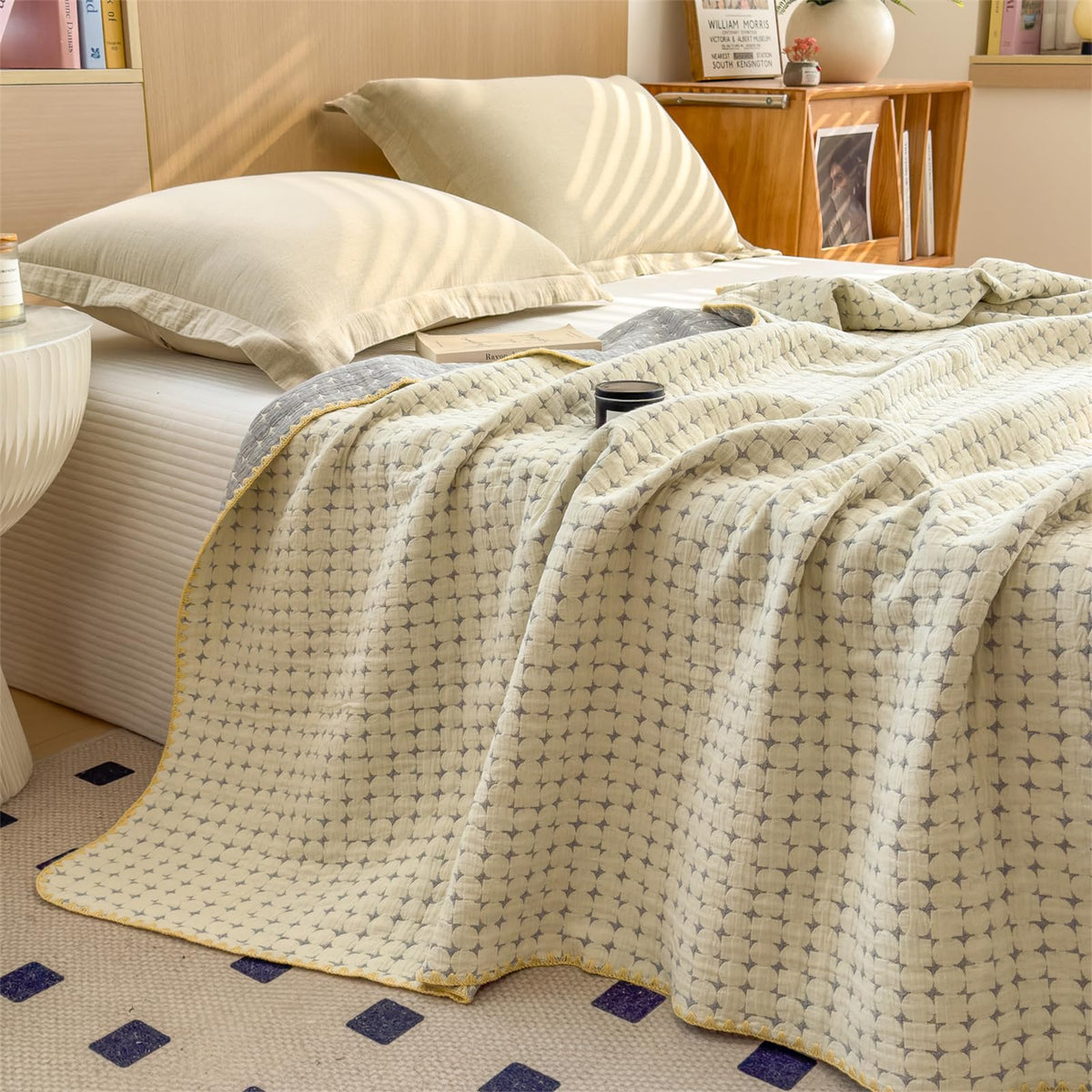 3 Layer Breathable Bed Cover, Vintage Geometric Shabby Chic Bedding (Grey Geometric)