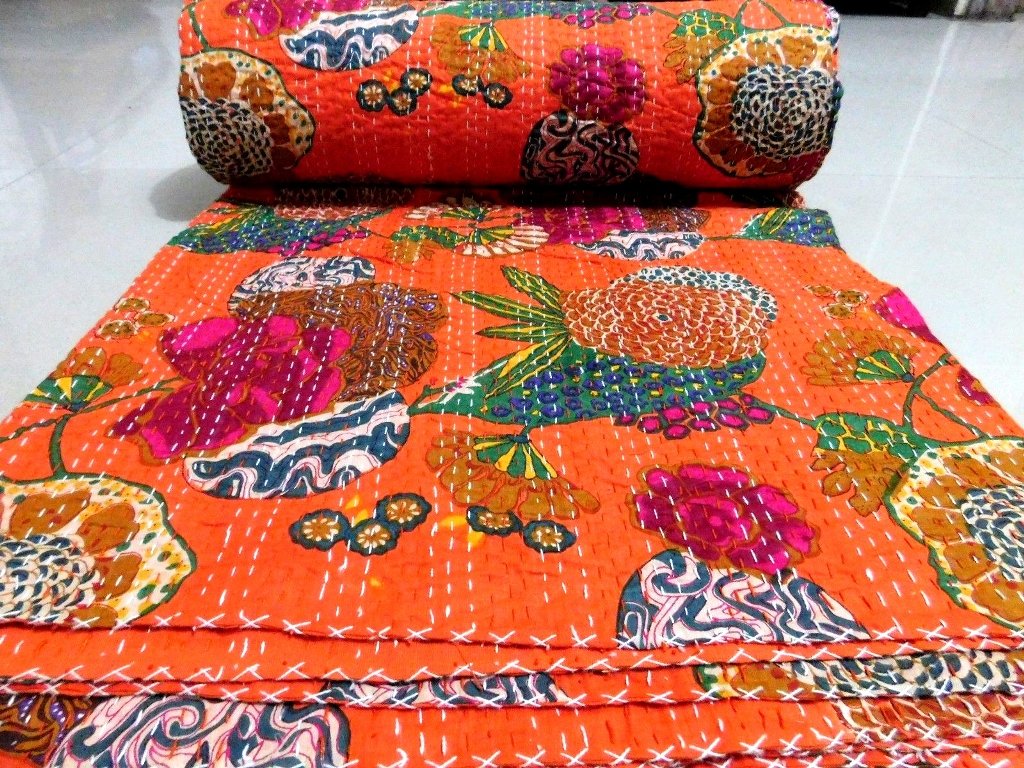 Kantha Fruit Screen Print Cotton Quilt Indian Bedspreads (Twin_Grey)