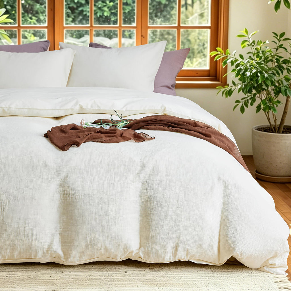 2 Pieces Linen Like Gauze Comforter Cover with Pillow Sham, Twin, 68"x86", Grey Coffee