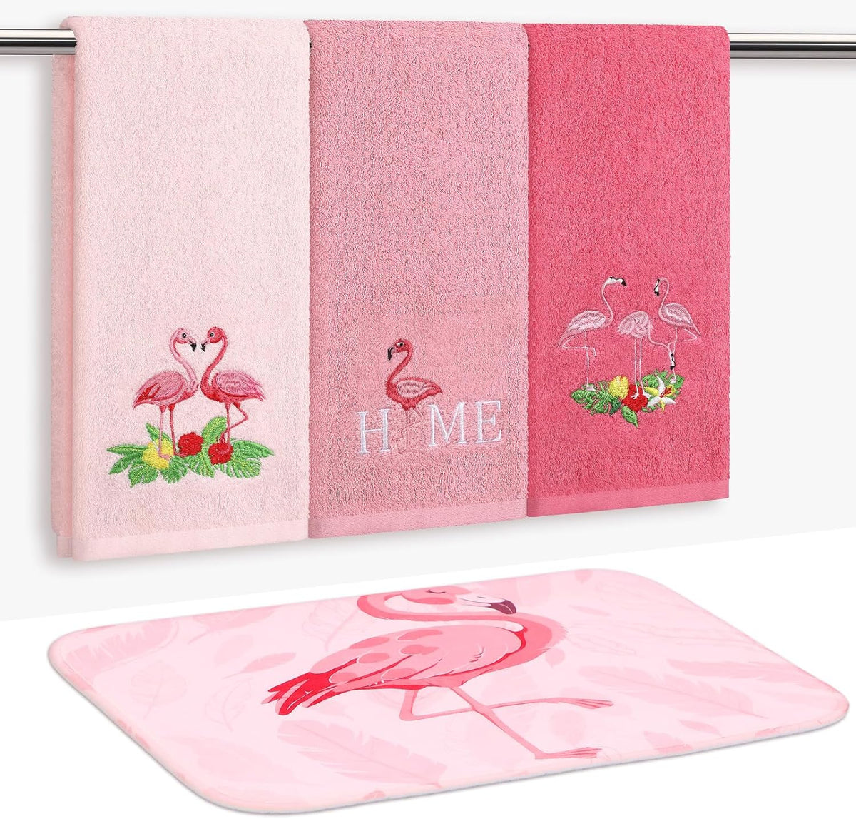 4 Pcs Flamingo Hand Towel with Floor Mat, Hot Pink Bird Towel