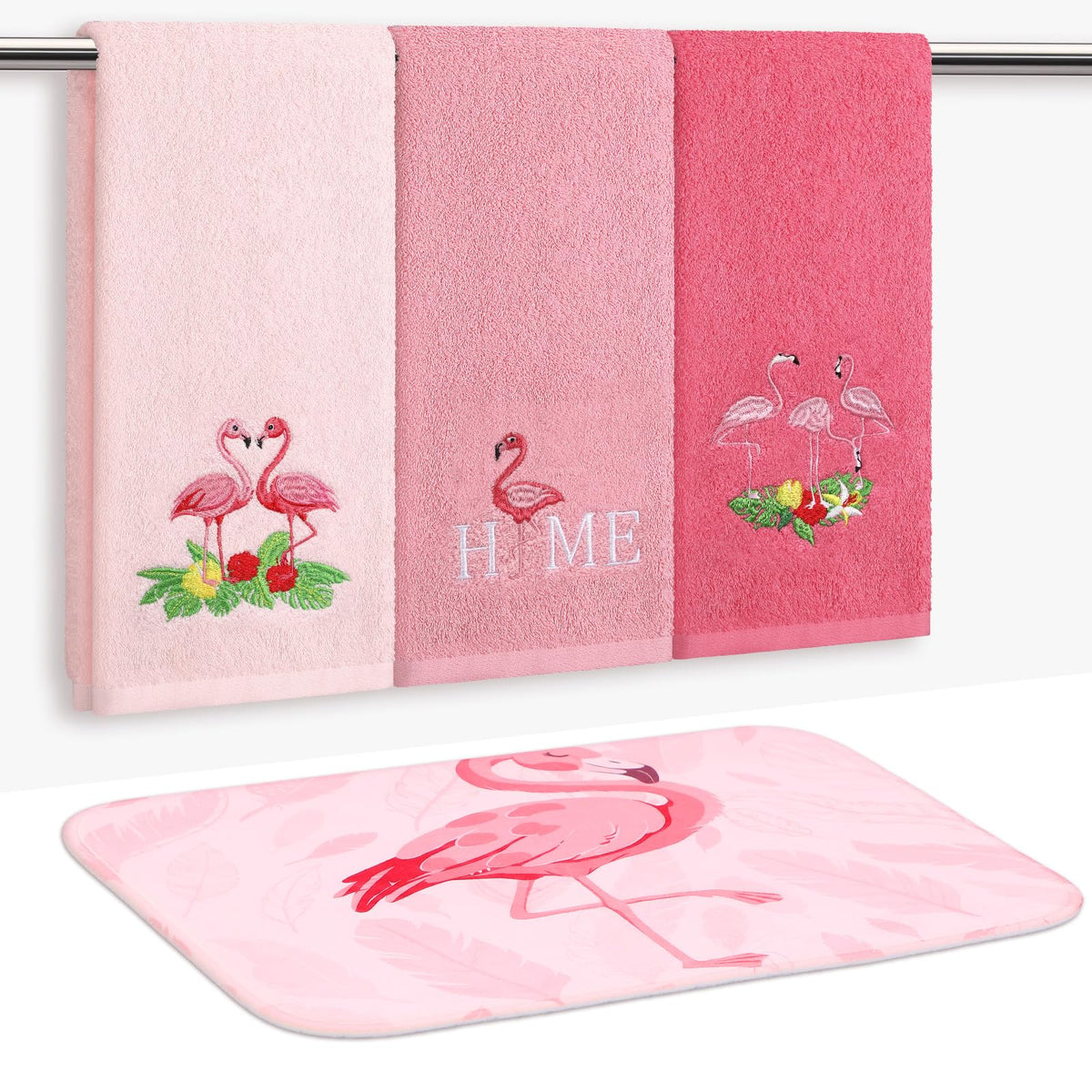 4 Pcs Flamingo Hand Towel with Floor Mat, Hot Pink Bird Towel