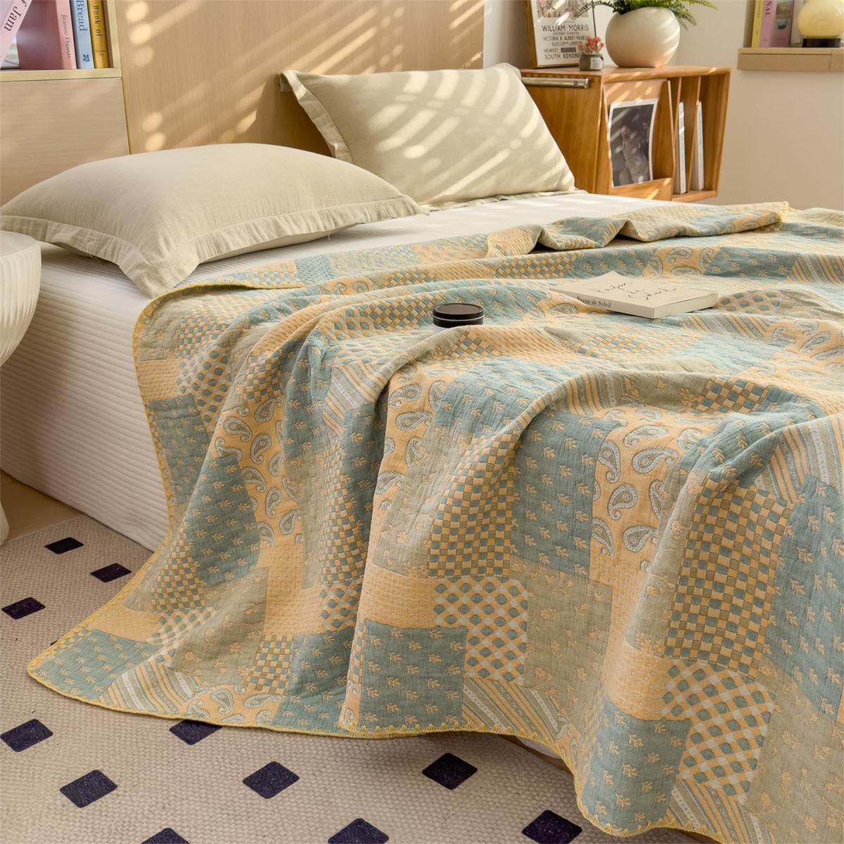 3 Layer Breathable Bed Cover, Vintage Geometric Shabby Chic Bedding (Grey Geometric)