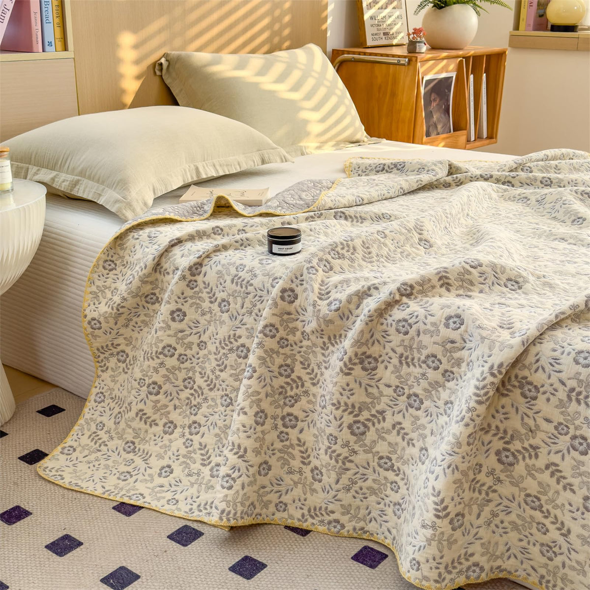 3 Layer Breathable Bed Cover, Vintage Geometric Shabby Chic Bedding (Grey Geometric)