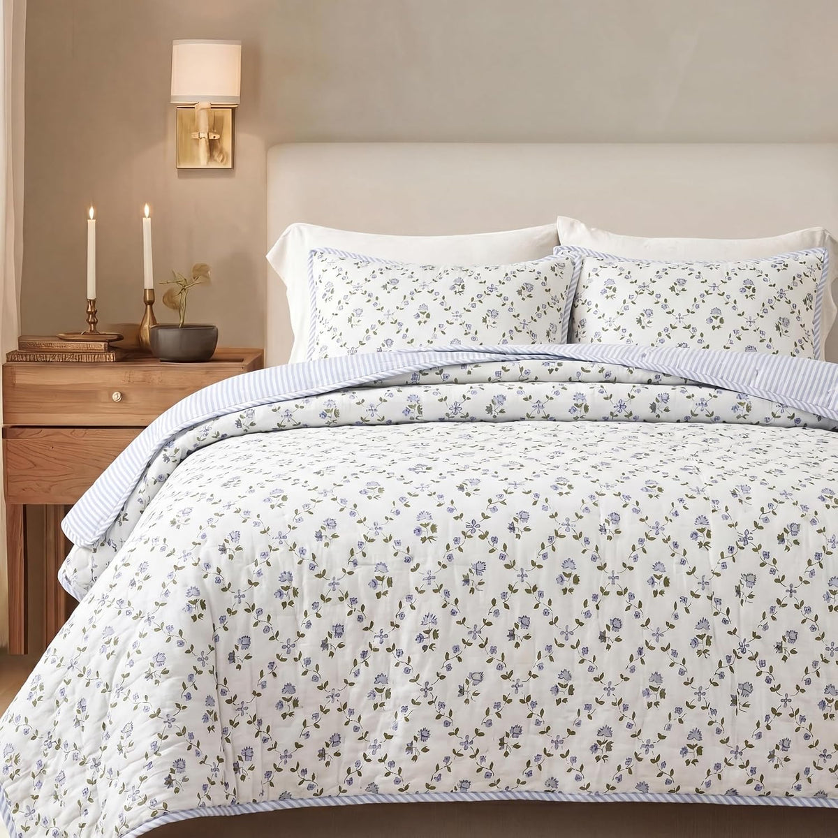 Handmade Block Print Cotton Quilt, Powder & Pigeon Blue Twin 60"x90"