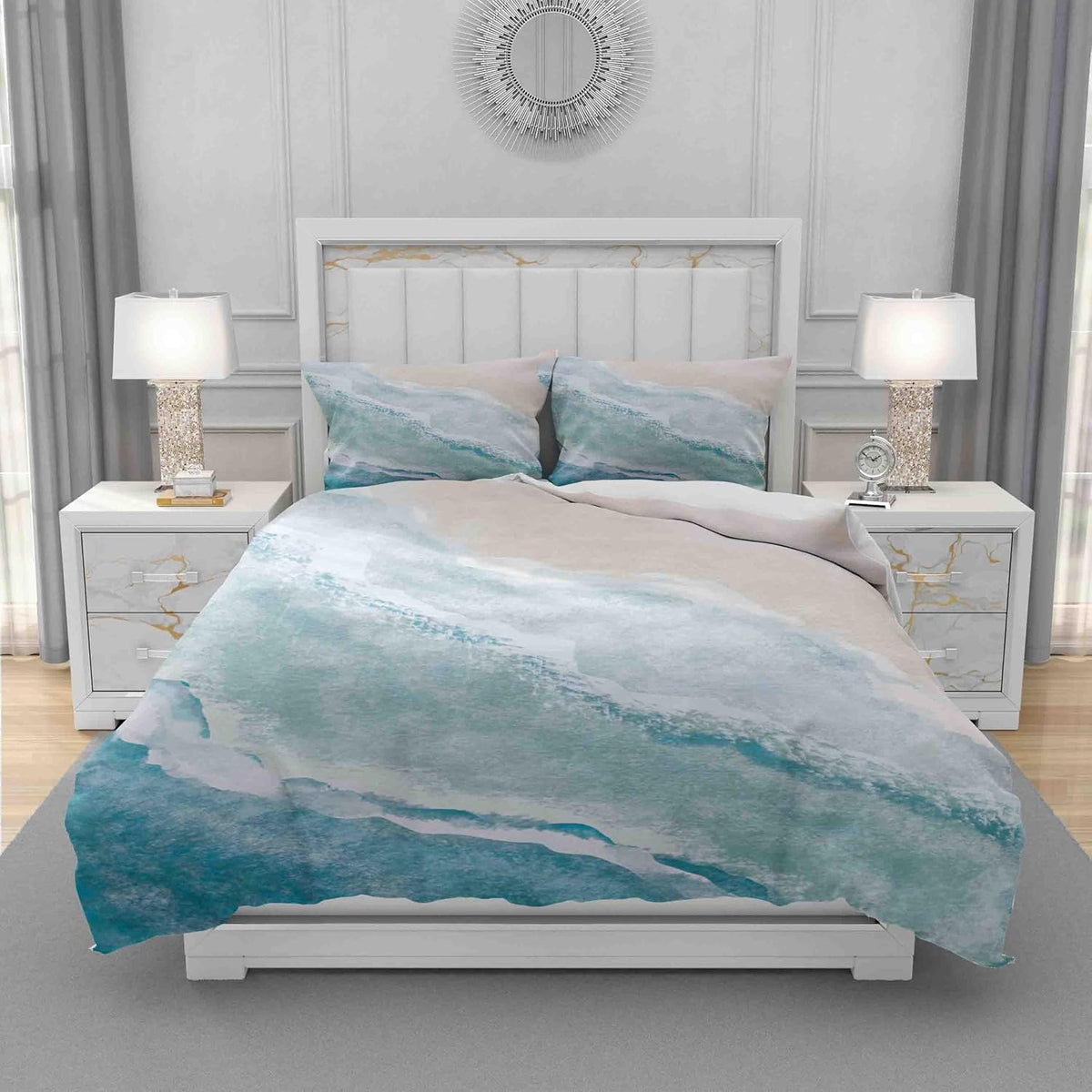 Duvet Cover Set King Size, Blue Sea Beach with Waves 3 Piece Bedding Duvet Set