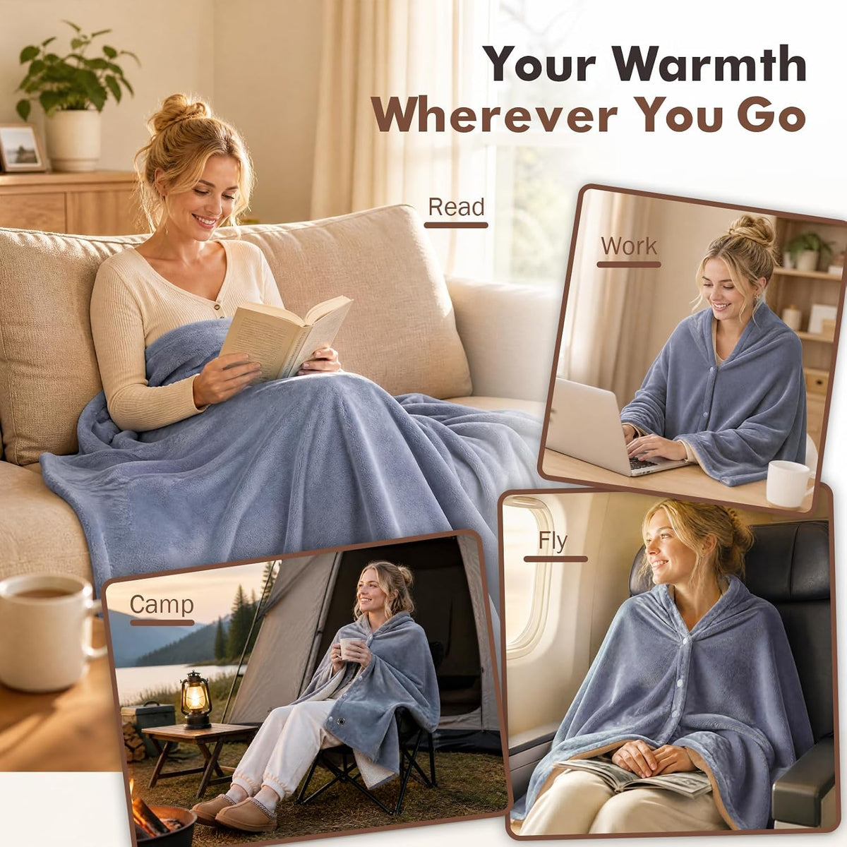 USB Heated Blanket with 10000mAh Power Bank,68" x 34" Heated Throw Blanket with 3 Fast-Heating Levels