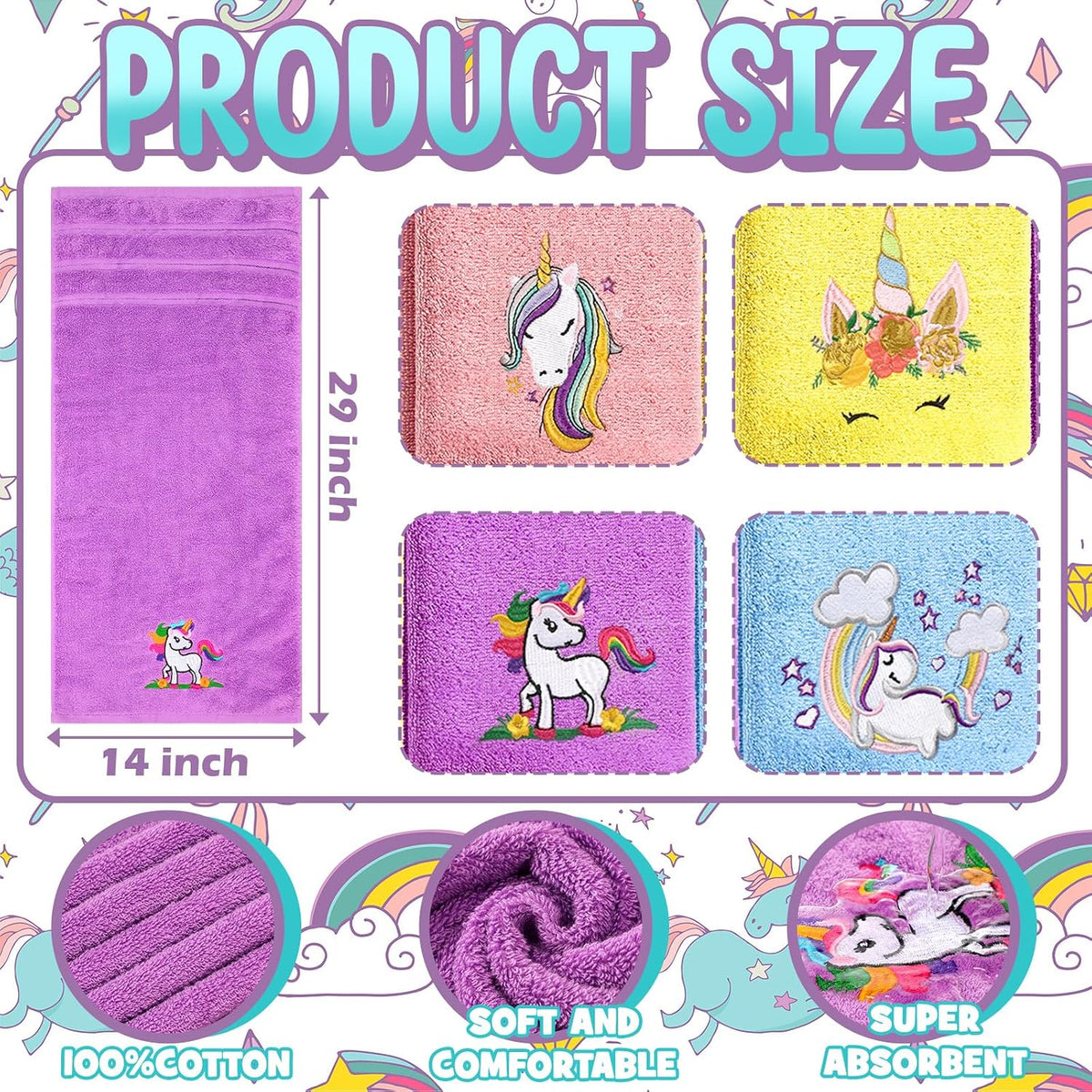 4 Pcs Unicorn Hand Towels for Woman 14 x 29 Inch Bathroom Decor