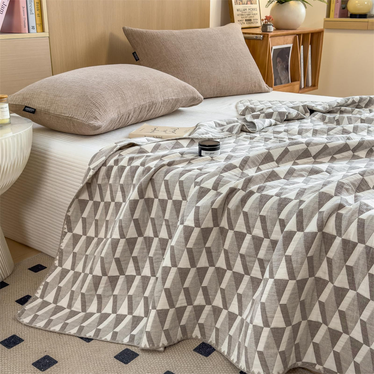 3 Layer Breathable Bed Cover, Vintage Geometric Shabby Chic Bedding (Grey Geometric)