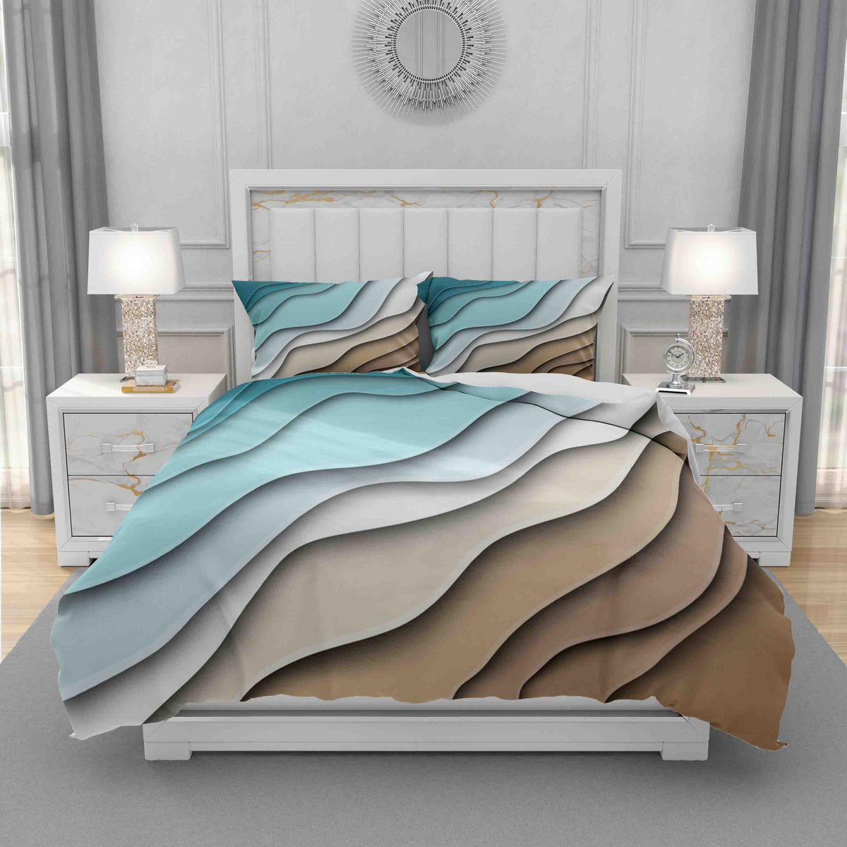 Duvet Cover Set King Size, Blue Sea Beach with Waves 3 Piece Bedding Duvet Set