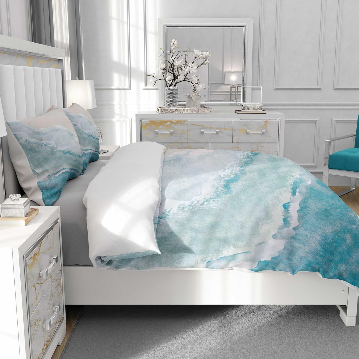 Duvet Cover Set King Size, Blue Sea Beach with Waves 3 Piece Bedding Duvet Set