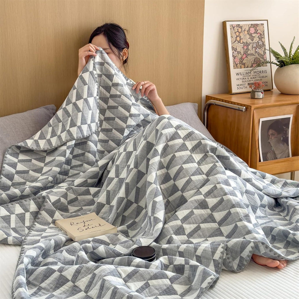 3 Layer Breathable Bed Cover, Vintage Geometric Shabby Chic Bedding (Grey Geometric)