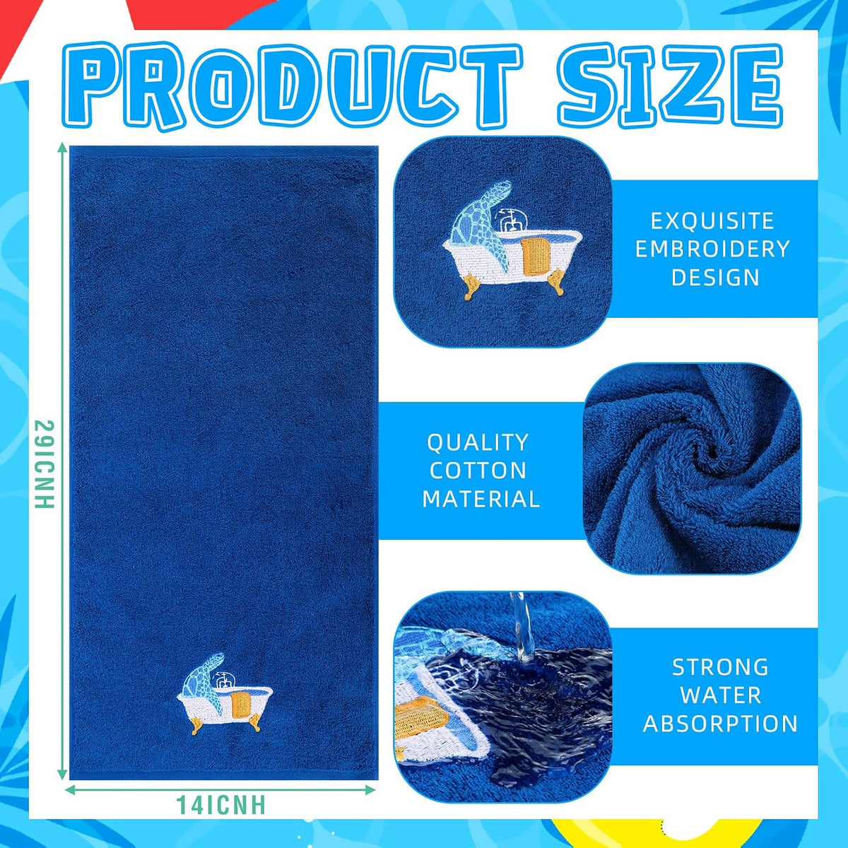 3 Pcs Funny Sea Turtle Hand Towels 100% Cotton Embroidered Coastal Beach Bath Towel 29.5 x 13.8 Inch