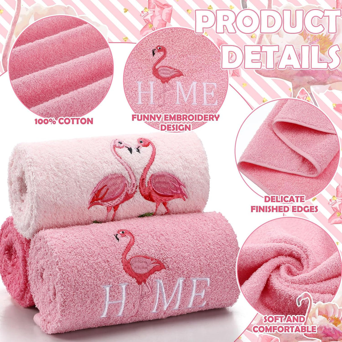 4 Pcs Flamingo Hand Towel with Floor Mat, Hot Pink Bird Towel