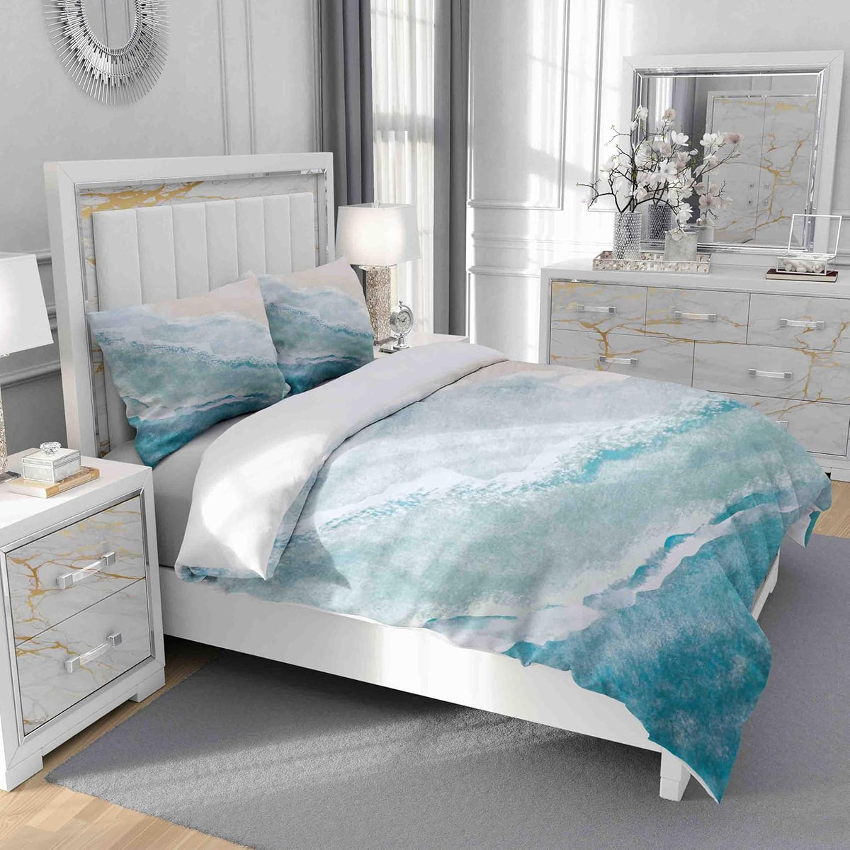 Duvet Cover Set King Size, Blue Sea Beach with Waves 3 Piece Bedding Duvet Set