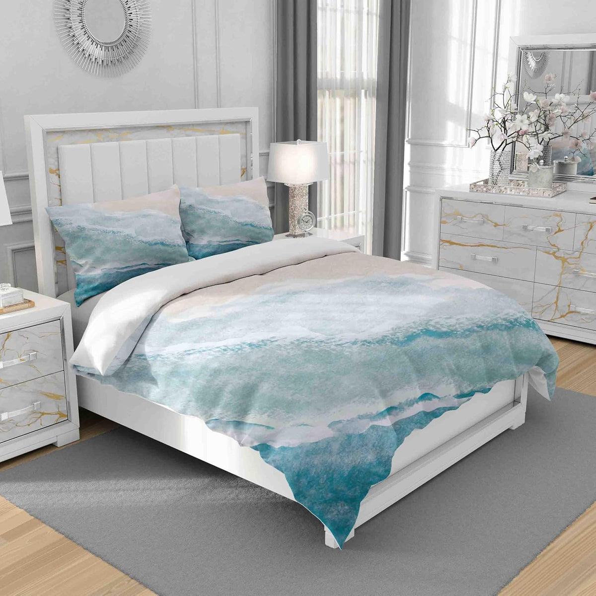 Duvet Cover Set King Size, Blue Sea Beach with Waves 3 Piece Bedding Duvet Set