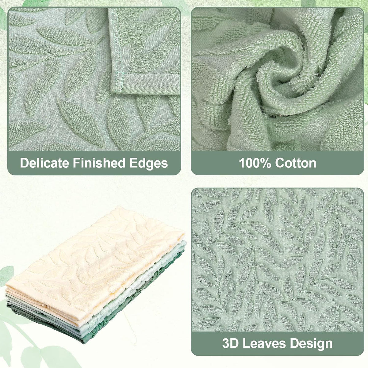 3Pcs Leaves Hand Towels 3D Jacquard Cotton Bath Towel 3 Colors