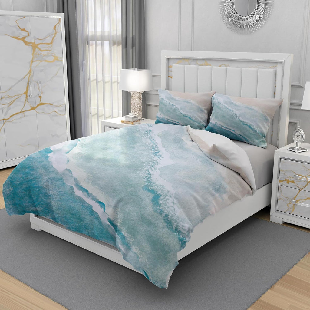 Duvet Cover Set King Size, Blue Sea Beach with Waves 3 Piece Bedding Duvet Set