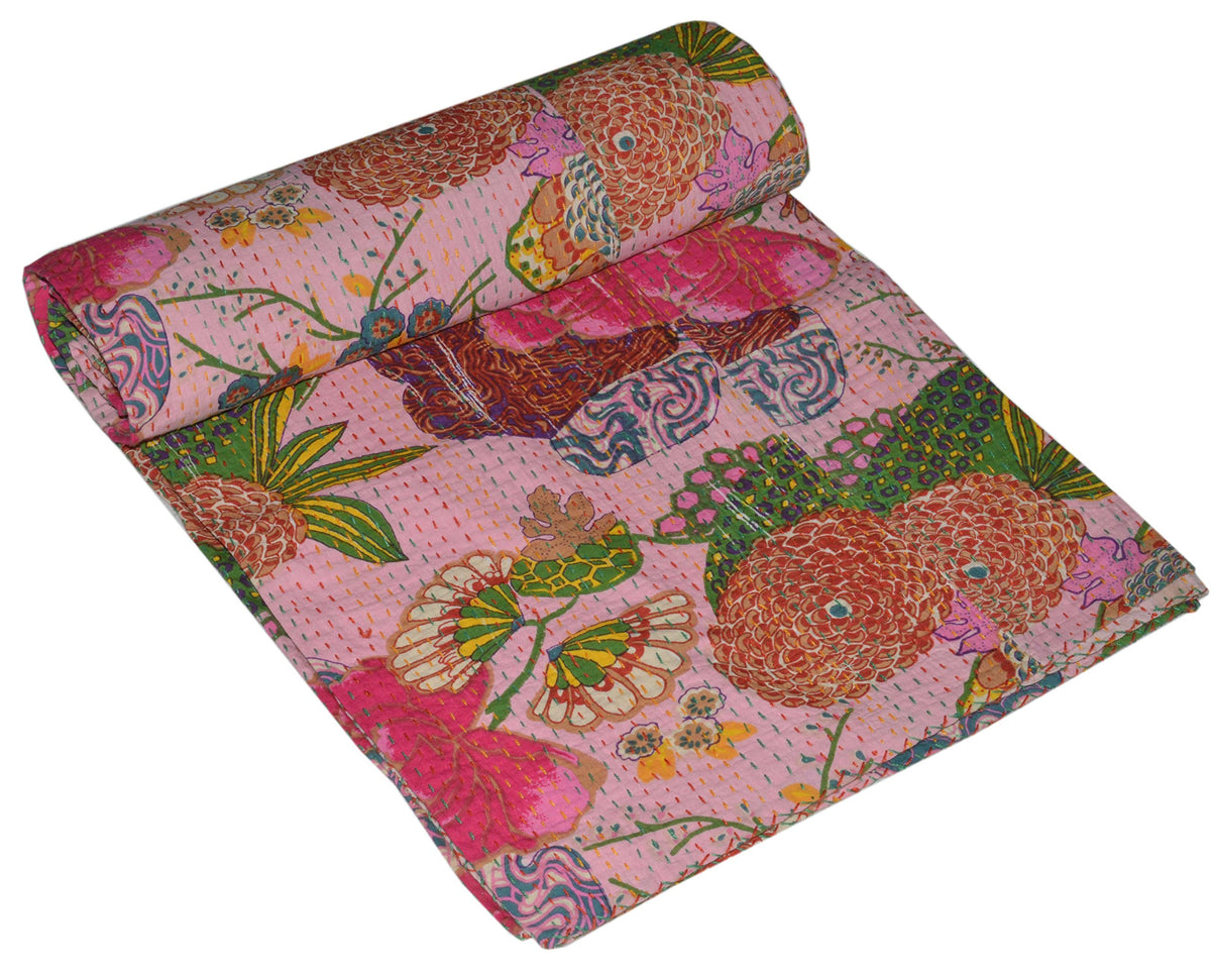 Kantha Fruit Screen Print Cotton Quilt Indian Bedspreads (Twin_Grey)