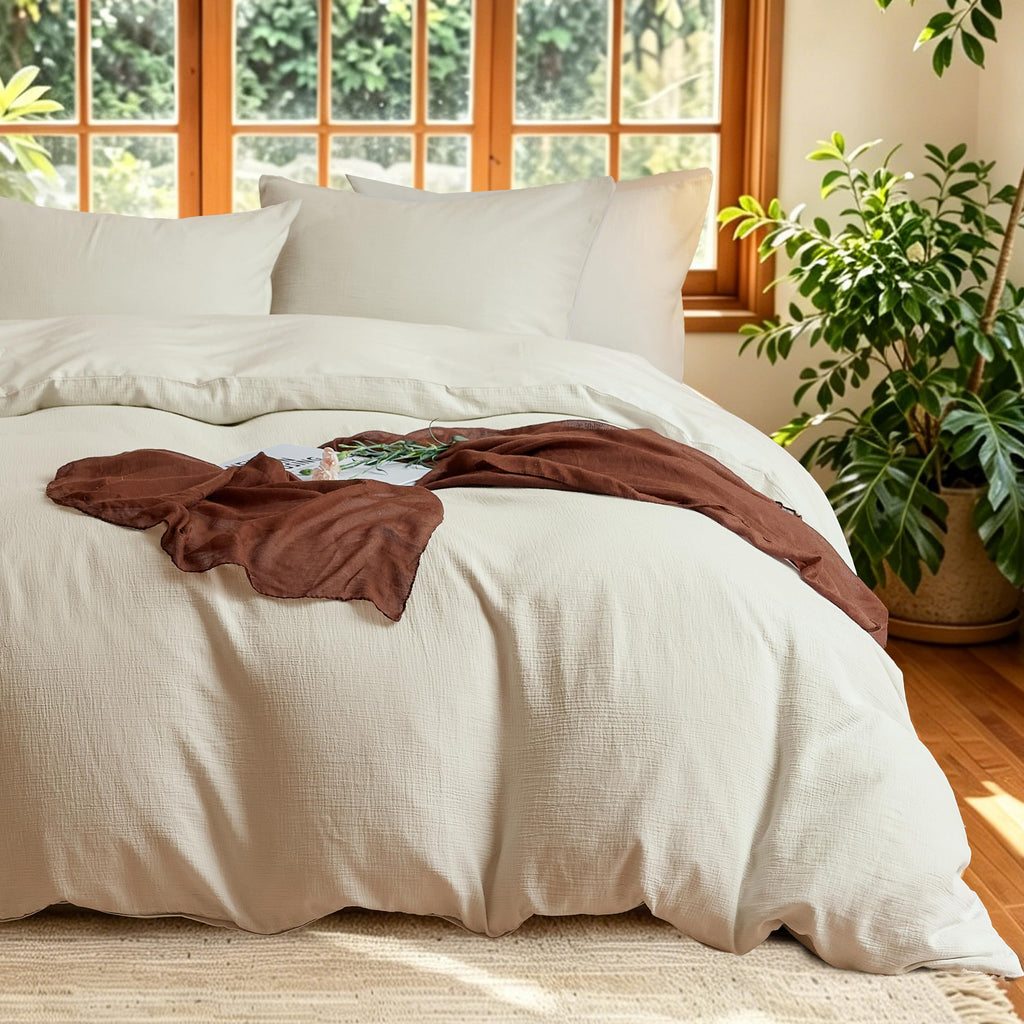 2 Pieces Linen Like Gauze Comforter Cover with Pillow Sham, Twin, 68"x86", Grey Coffee