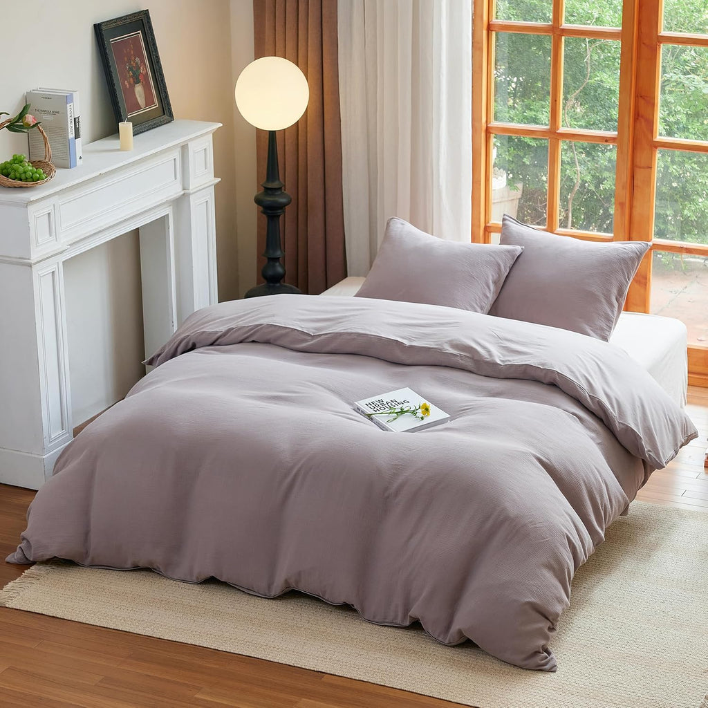 2 Pieces Linen Like Gauze Comforter Cover with Pillow Sham, Twin, 68"x86", Grey Coffee