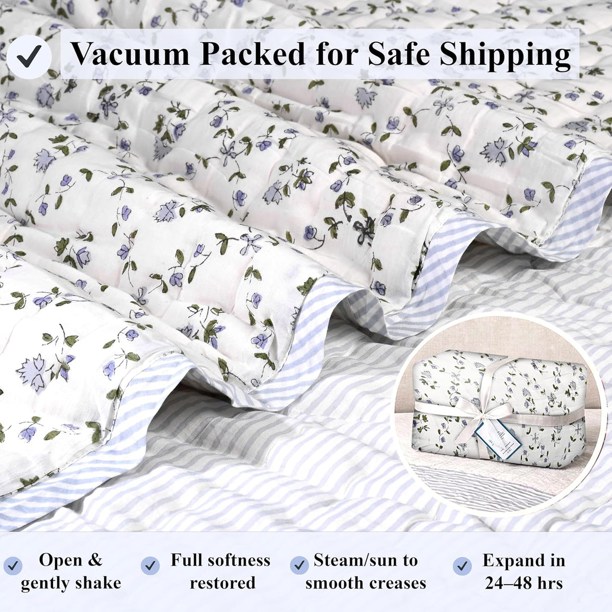 Handmade Block Print Cotton Quilt, Powder & Pigeon Blue Twin 60"x90"