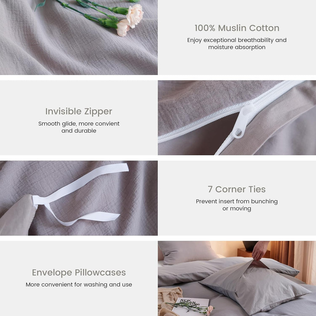 2 Pieces Linen Like Gauze Comforter Cover with Pillow Sham, Twin, 68"x86", Grey Coffee