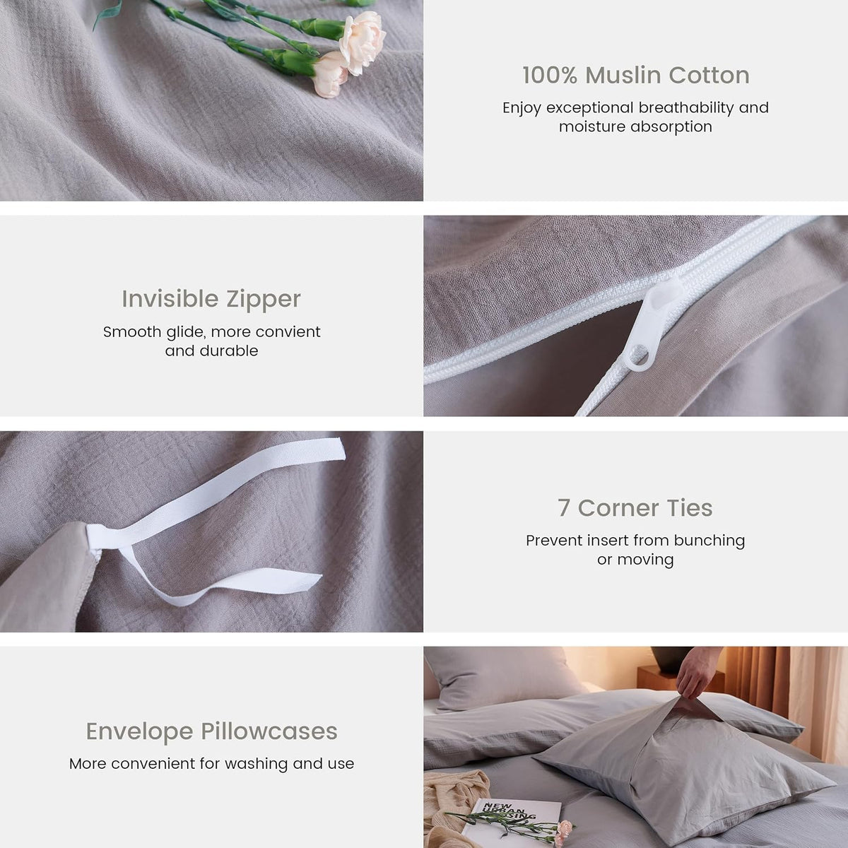 2 Pieces Linen Like Gauze Comforter Cover with Pillow Sham, Twin, 68"x86", Grey Coffee