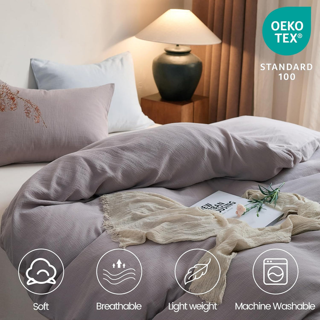 2 Pieces Linen Like Gauze Comforter Cover with Pillow Sham, Twin, 68"x86", Grey Coffee