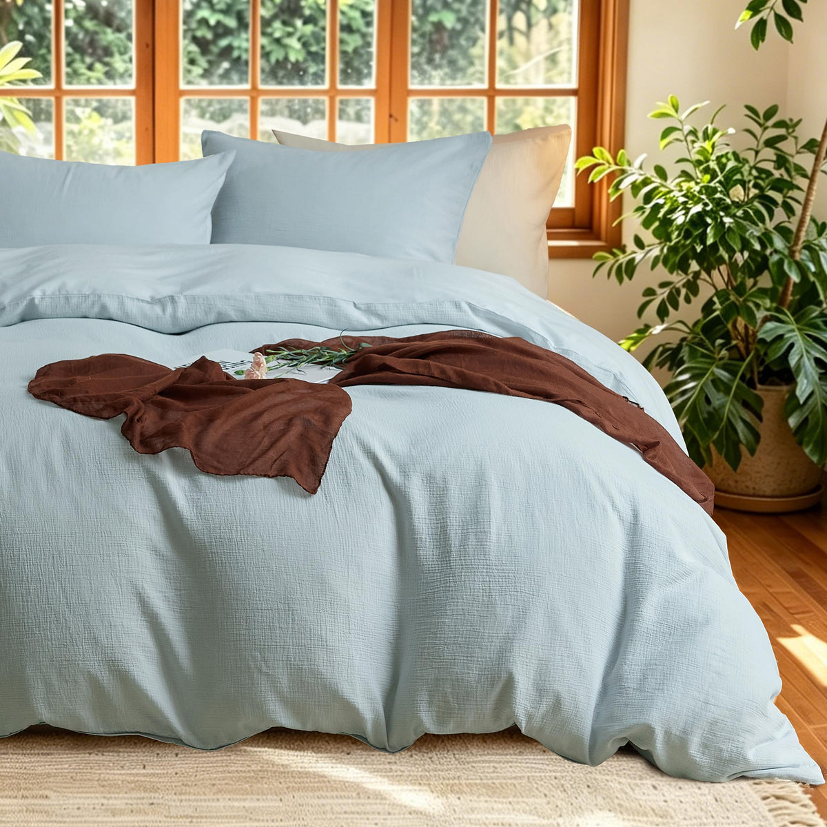 2 Pieces Linen Like Gauze Comforter Cover with Pillow Sham, Twin, 68"x86", Grey Coffee